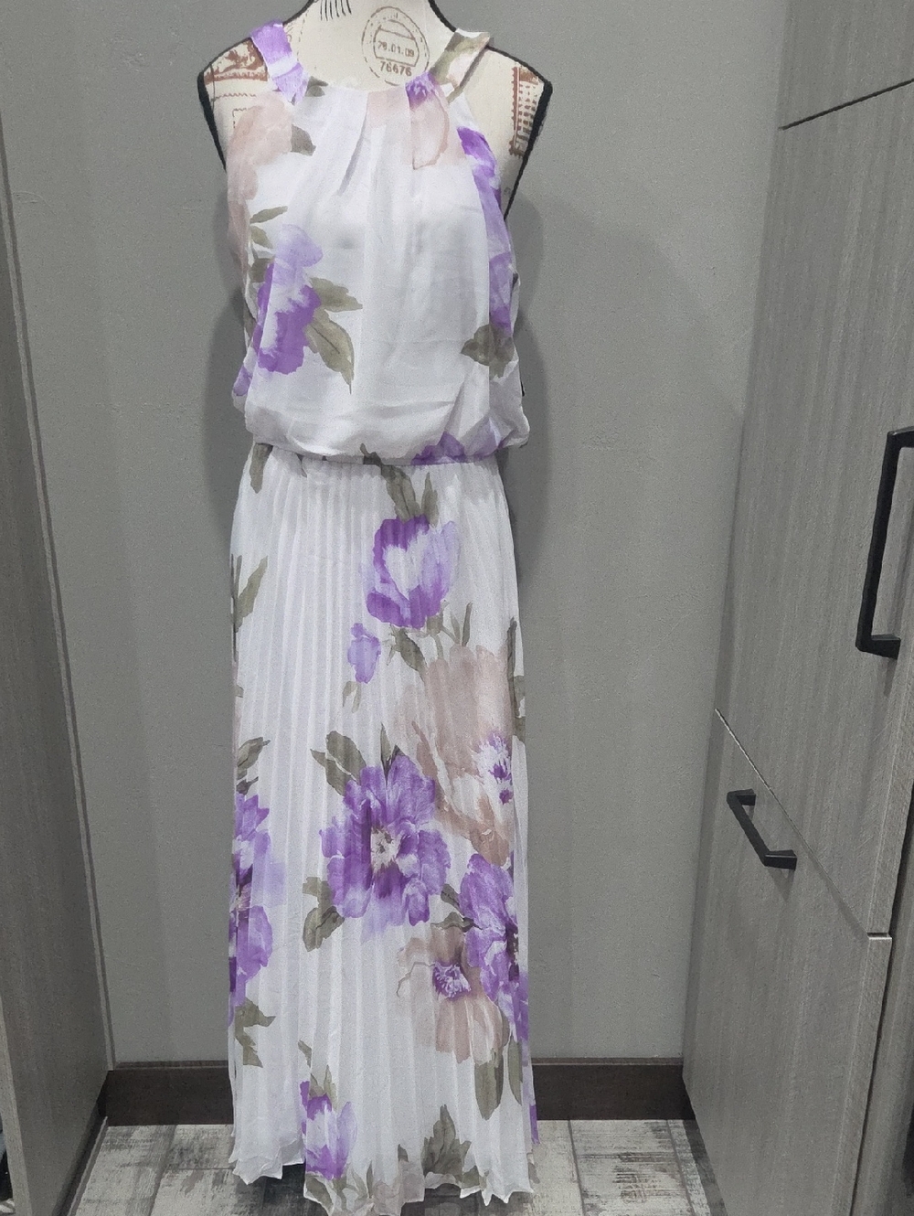 Robbie Bee White Maxi Dress with Lavender and Taupe Floral Print